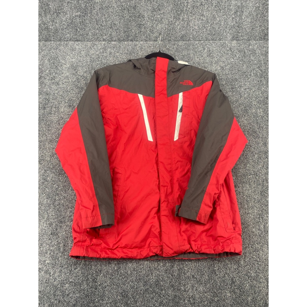 The North Face Boys Rain Jacket L 14/16 Red Grey Hooded Full Zip Hiking Coat